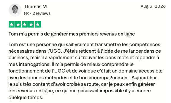 Avis Trustpilot — Thomas M — Tom m’a permis de générer mes premiers revenus en ligne